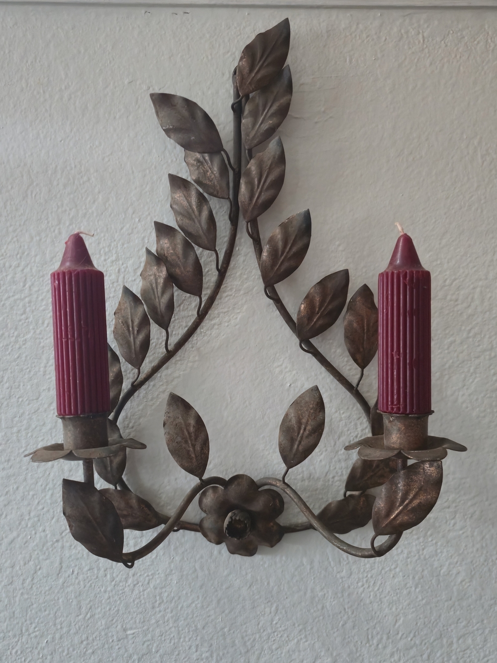 Vintage Italian Gilt Metal Floral Double Candle Wall Sconce Toleware